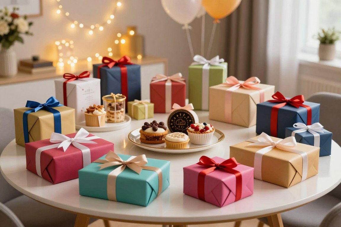 Mehrere Geschenke auf einem runden Tisch