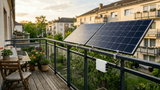 Zwei Solarmodule eines 800-Watt-Balkonkraftwerks an einer Balkonbrüstung in der Nachmittagssonne