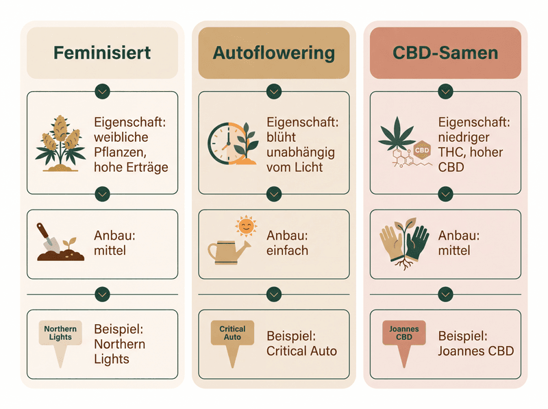 Vergleich von Cannabis-Samen-Typen: feminisierte Samen mit weiblichen Pflanzen und hohen Erträgen, autoflowering mit lichtunabhängiger Blüte und einfachem Anbau, CBD-Samen mit niedrigem THC und hohem CBD-Gehalt