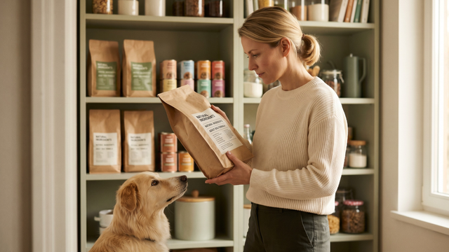 Welches Hundefutter ist das beste — Hundehalterin wählt zwischen Trocken- und Nassfutter im Regal