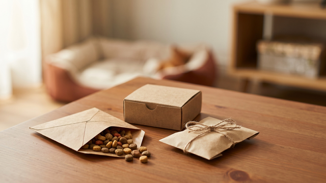 Hundefutter-Probepakete auf einem Holztisch — als Anschauungsmaterial für den Vergleich kostenloser Hundefutter-Proben