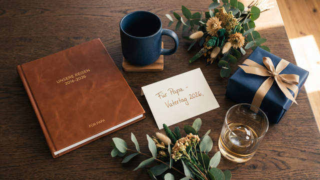 Flat-Lay mit Vatertagsgeschenken — personalisiertes Fotobuch, Karte, Geschenkbox und Kaffeetasse auf dunklem Holztisch