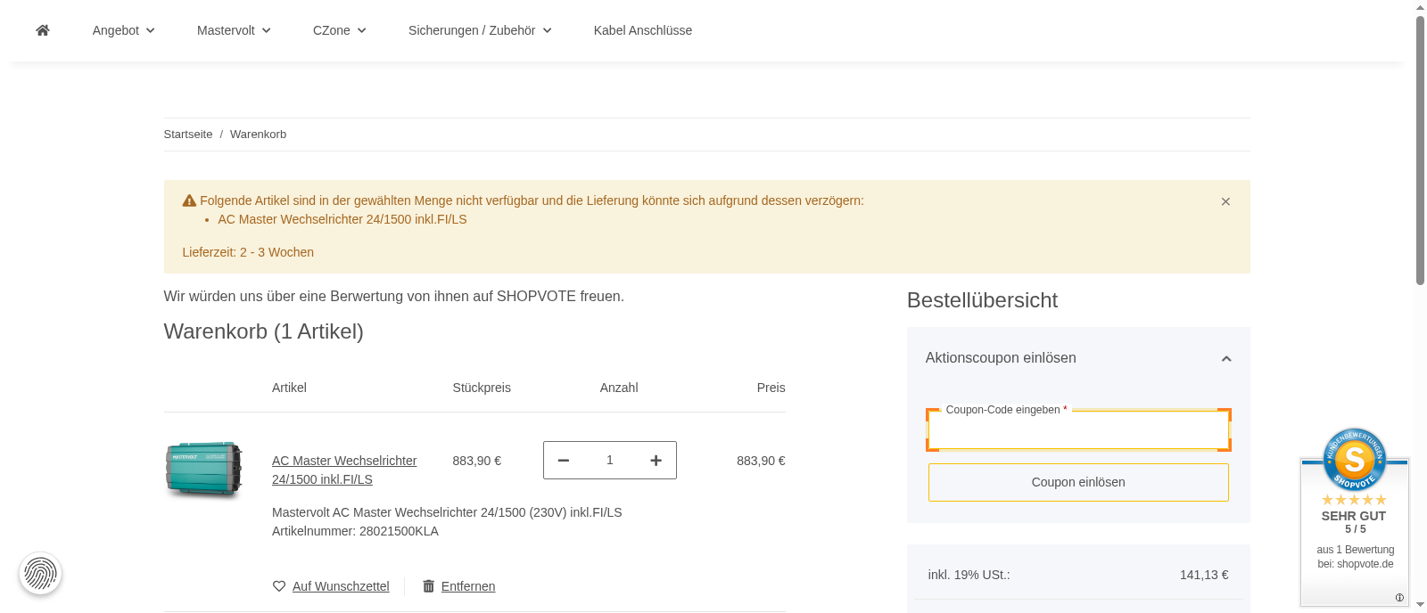 Mastervolt Onlineshop Screenshot