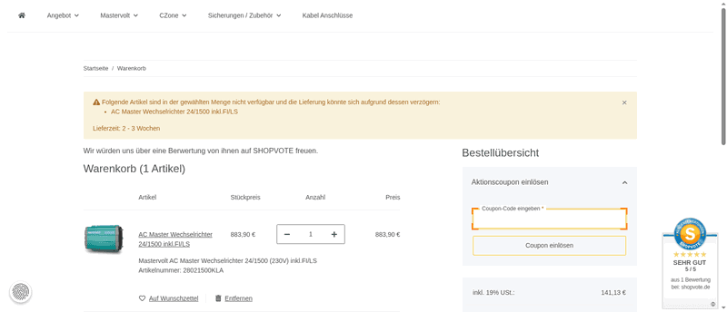 Mastervolt Onlineshop Screenshot